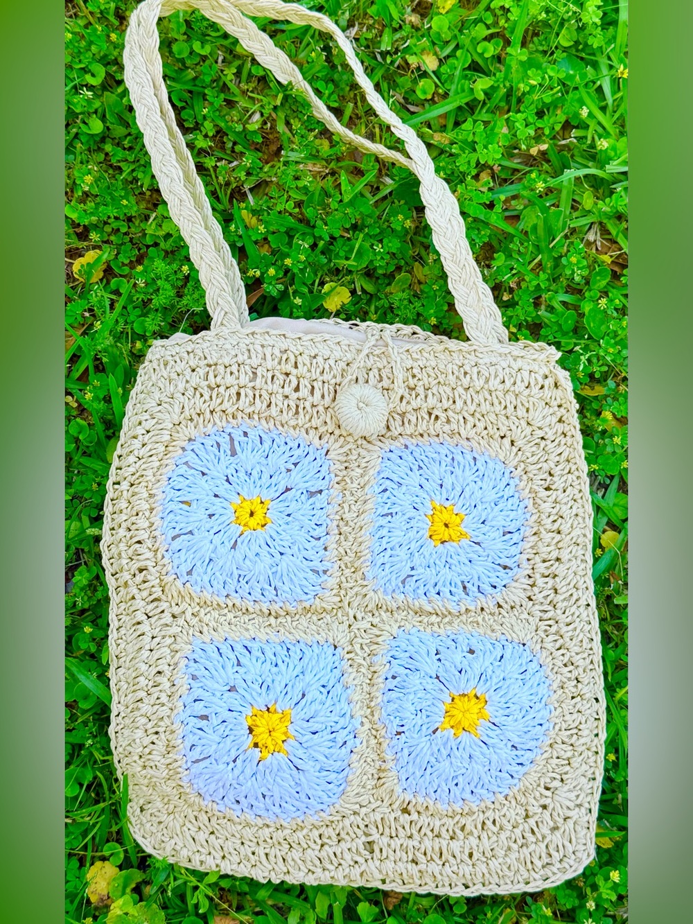 Handcrafted Cream Crochet Shoulder Bag with Daisy designs Squares